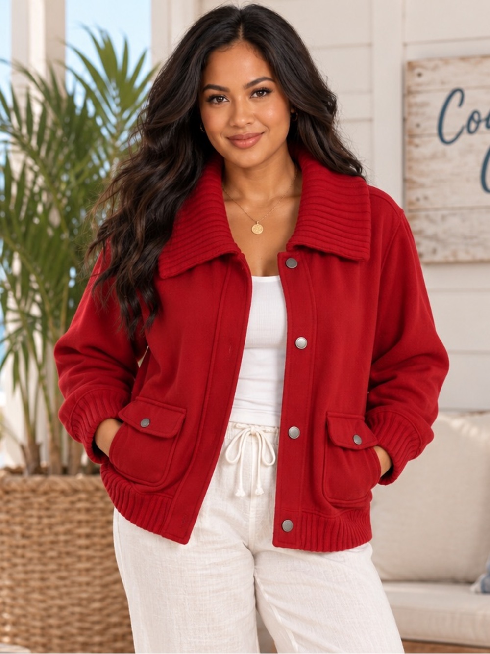 Coldwater Creek Red Cardigan Chunky Ribbed Collar Sweater Jacket